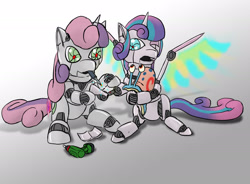 Size: 1920x1410 | Tagged: safe, artist:lizardwithhat, character:princess flurry heart, character:sweetie belle, species:alicorn, species:pony, species:unicorn, sweetie bot, crossover, female, fixing, flurry bot, gary the snail, mouth hold, power drill, robot, robot pony, roboticization, scared, spongebob squarepants, tools, updated image, welder, welding
