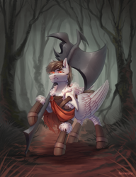 Size: 2500x3260 | Tagged: safe, artist:fenwaru, oc, oc only, species:pegasus, species:pony, axe, bandaged leg, clothing, commission, dark, forest, glowing eyes, looking at you, male, scowl, stallion, weapon, ych result