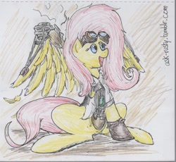 Size: 1280x1178 | Tagged: safe, artist:thekuto, character:fluttershy, 30 minute art challenge, amputee, prosthetic limb, steampunk