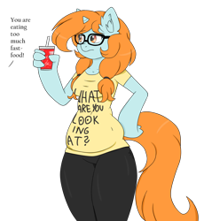 Size: 2768x3007 | Tagged: dead source, safe, artist:nightydream, oc, oc:lucky dream, species:anthro, species:pony, species:unicorn, chubby, clothing, coca-cola, drink, female, hoof hands, mare, pants, plump, shirt, simple background, solo, transparent background, weight gain