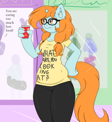 Size: 2768x3007 | Tagged: dead source, safe, artist:nightydream, oc, oc:lucky dream, species:anthro, species:pony, species:unicorn, chubby, clothing, coca-cola, drink, female, hoof hands, mare, pants, plump, shirt, solo, weight gain