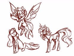 Size: 4470x3394 | Tagged: safe, artist:the-blackeye, oc, oc:featherlight, oc:spectrum blast, unnamed oc, species:earth pony, species:pegasus, species:pony, species:unicorn, design, female, horn, mare, monochrome, redesign, rough sketch, sketch, wings