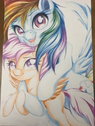 Size: 2807x3715 | Tagged: safe, artist:galinn-arts, character:rainbow dash, character:scootaloo, species:pony, blank flank, carrying, duo, flying, scootalove, traditional art