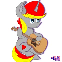Size: 1483x1482 | Tagged: safe, alternate version, artist:rubydeluxe, derpibooru original, oc, oc only, oc:rd, species:alicorn, species:pony, alicorn oc, ear fluff, guitar, horn, looking up, neck fluff, shading, signature, simple background, sitting, smiling, solo, wings