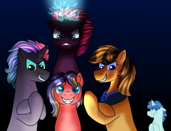 Size: 1967x1514 | Tagged: safe, artist:kindheart525, artist:peep-dis, character:party favor, character:tempest shadow, oc, oc:ski jump, oc:spittoon spur, oc:tumbleweed twinkle, parent:braeburn, parent:party favor, parent:sheriff silverstar, parent:tempest shadow, parents:oc x oc, parents:silverburn, parents:tempestfavor, species:earth pony, species:pony, species:unicorn, kindverse, father and daughter, female, grandmother, grandmother and grandchild, magical gay spawn, male, mother and daughter, offspring, offspring's offspring, parent:oc:ski jump, parent:oc:spittoon spur