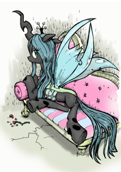 Size: 848x1200 | Tagged: safe, artist:yewdee, character:queen chrysalis, species:changeling, changeling queen, couch, crack, draw me like one of your french girls, fainting couch, female, flower, lidded eyes, looking at you, looking back, looking back at you, rose, simple background, solo, traditional art
