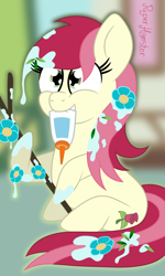 Size: 1496x2488 | Tagged: safe, artist:puperhamster, character:roseluck, species:earth pony, species:pony, episode:student counsel, cuteluck, flower, flower in hair, glue, rosabetes, scene interpretation, silly, silly pony, simple background, stick