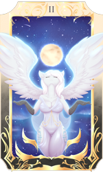 Size: 750x1250 | Tagged: safe, artist:d-sixzey, oc, oc only, oc:kalinka, species:anthro, species:hippogriff, card, clothing, eyes closed, female, gold, high priestess, moon, praise the moon, robe, see-through, solo, tarot card, wings