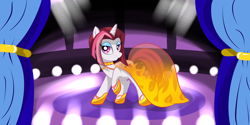 Size: 8000x4000 | Tagged: safe, artist:wilshirewolf, character:cayenne, species:pony, species:unicorn, episode:canterlot boutique, g4, my little pony: friendship is magic, background pony, bedroom eyes, clothing, curtains, dress, fire pattern, raised hoof, see-through, smiling, solo