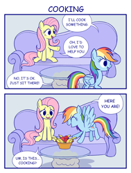 Size: 1600x2120 | Tagged: safe, artist:sazanamibd, character:fluttershy, character:rainbow dash, species:pegasus, species:pony, 2 panel comic, apple, banana, comic, cooking, couch, duo, food, fruit, salad
