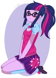 Size: 708x976 | Tagged: safe, artist:imtailsthefoxfan, base used, character:twilight sparkle, character:twilight sparkle (scitwi), species:eqg human, species:human, my little pony:equestria girls, abstract background, blushing, clothing, colored pupils, cute, female, glasses, looking at you, mary janes, ponytail, shoes, sitting, skirt, socks, solo, twiabetes, zettai ryouiki