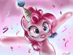 Size: 1600x1200 | Tagged: safe, artist:bunsogen, character:pinkie pie, species:earth pony, species:pony, clothing, confetti, cute, diapinkes, female, hat, mare, party hat, party horn, solo