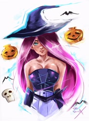 Size: 1356x1853 | Tagged: safe, artist:bunsogen, character:fluttershy, species:human, bare shoulders, breasts, clothing, corset, halloween, hat, holiday, humanized, witch hat