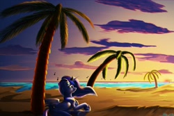 Size: 1095x730 | Tagged: safe, artist:bluenight01, character:princess luna, species:alicorn, species:pony, beach, cute, female, headphones, hoof shoes, jewelry, lunabetes, mare, music notes, ocean, palm tree, regalia, solo, sunset, tree, water