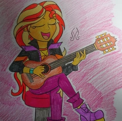 Size: 1280x1271 | Tagged: safe, artist:malevolentsamson, character:sunset shimmer, g4, my little pony: equestria girls, my little pony:equestria girls, spoiler:eqg series (season 2), acoustic guitar, eyes closed, female, guitar, musical instrument, sitting, solo, stool, traditional art