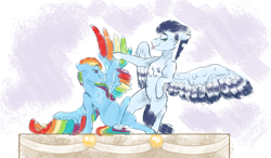 Size: 2621x1526 | Tagged: safe, artist:miyathegoldenflower, character:rainbow dash, character:soarin', species:pony, ship:soarindash, colored feathertips, female, male, shipping, showing off, straight