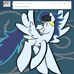 Size: 900x900 | Tagged: safe, artist:glasdale, character:soarin', ask, blue background, panty and stocking with garterbelt, simple background, soarin-responde, style emulation, tumblr