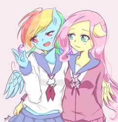 Size: 1980x2048 | Tagged: safe, artist:moh_mlp2, character:fluttershy, character:rainbow dash, species:human, ship:flutterdash, anime, eared humanization, female, humanized, lesbian, shipping, winged humanization, wings