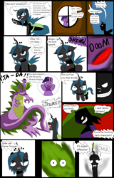 Size: 3027x4744 | Tagged: safe, artist:mad-mutt, character:queen chrysalis, character:spike, character:twilight sparkle, species:changeling, species:dragon, species:pony, species:unicorn, changeling queen, comic, female, incineration, male, mare