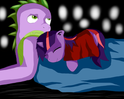 Size: 3366x2685 | Tagged: safe, artist:mad-mutt, character:spike, character:twilight sparkle, species:dragon, species:pony, blanket, female, mare, older, older spike, sleeping