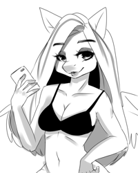 Size: 2000x2500 | Tagged: safe, artist:klaudy, character:fluttershy, species:anthro, bra, cellphone, clothing, cute, long hair, phone, picture, sketch, smartphone, underwear, wings