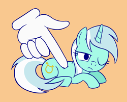 Size: 2000x1600 | Tagged: safe, artist:sazanamibd, character:lyra heartstrings, species:pony, species:unicorn, cute, disembodied hand, female, hand, kirby, lyrabetes, mare, one eye closed, orange background, poking, prone, simple background, solo