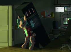 Size: 1280x947 | Tagged: safe, artist:kamithepony, oc, oc:candy chip, species:pony, species:unicorn, canterlot, clothing, computer, computer screen, cyberpunk, cyborg, energy drink, leaning, light, new canterlot, night, screenshots, server, solo, the sunjackers, youtube