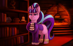 Size: 2100x1332 | Tagged: safe, artist:derpyrider, character:snowfall frost, character:starlight glimmer, species:pony, bookshelf, candle, cauldron, female, fireplace, solo