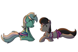 Size: 1500x1000 | Tagged: safe, artist:cappie, character:lyra heartstrings, character:octavia melody, species:earth pony, species:pony, species:unicorn, clothing, cute, equestria girls outfit, eyes closed, female, lying down, lyrabetes, mare, octyra, ponified, simple background, smiling, sunlight, sunset, swimsuit, tavibetes, transparent background
