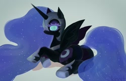 Size: 1200x773 | Tagged: safe, artist:kirinit, character:nightmare moon, character:princess luna, species:alicorn, species:pony, black coat, butt, ethereal mane, female, full body, galaxy mane, helmet, hoof shoes, horn, looking at you, lying down, mane, mare, nightmare moonbutt, plot, simple background, solo, the ass was fat