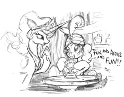 Size: 900x705 | Tagged: safe, artist:yewdee, character:pinkie pie, character:princess celestia, species:alicorn, species:earth pony, species:pony, blatant lies, crystal ball, dialogue, female, gypsy pie, jewelry, looking at each other, mare, monochrome, mushroom cloud, raised hoof, regalia, table, turban