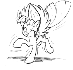 Size: 853x819 | Tagged: safe, artist:yewdee, character:twilight sparkle, character:twilight sparkle (alicorn), species:alicorn, species:pony, dancing, eyes closed, female, monochrome, sketch, solo, spread wings, traditional art, wings