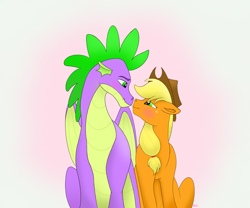 Size: 3791x3152 | Tagged: safe, artist:bellbell123, character:applejack, character:spike, species:dragon, species:pony, ship:applespike, blushing, cute, female, floppy ears, looking at each other, male, older, older spike, profile, shipping, sitting, straight, winged spike