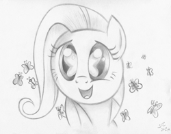 Size: 6216x4872 | Tagged: safe, artist:flutterstormreturns, character:fluttershy, species:pegasus, species:pony, amazed, bust, butterfly, eye reflection, female, filly, filly fluttershy, full face view, monochrome, open mouth, reflection, smiling, so many wonders, solo, traditional art, younger