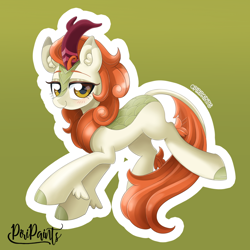 Size: 900x900 | Tagged: safe, artist:piripaints, character:autumn blaze, species:kirin, episode:sounds of silence, g4, my little pony: friendship is magic, awwtumn blaze, blushing, cloven hooves, cute, female, green background, horn, jumping, leg fluff, looking at you, signature, simple background, smiling, solo