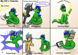 Size: 3508x2480 | Tagged: safe, artist:lizardwithhat, oc, oc only, oc:frizzy brush, oc:solomon izzard, oc:warplix, species:changeling, species:earth pony, species:pony, newbie artist training grounds, angry, atg 2019, dialogue, drawing, female, graphics tablet, hug, lizard, magic, male, mare, prehensile tail, rapier, speech bubble, stallion, sword, tongue out, weapon