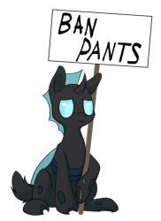 Size: 745x1024 | Tagged: safe, artist:senaelik, species:changeling, blue changeling, cel shading, exploitable, shading, sign, simple background, sitting, solo, transparent background, we don't normally wear clothes