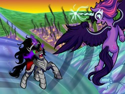 Size: 2000x1500 | Tagged: safe, artist:redahfuhrerking, character:king sombra, character:midnight sparkle, character:twilight sparkle, character:twilight sparkle (alicorn), species:alicorn, species:pony, species:umbrum, my little pony:equestria girls, crystal empire, equestria girls ponified, fire, midnight sparkle, ponified, princess midnight