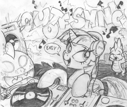 Size: 1200x1013 | Tagged: safe, artist:yewdee, character:spike, character:twilight sparkle, character:twilight sparkle (alicorn), species:alicorn, species:dragon, species:pony, dj scales and tail, female, male, sketch, turntable, winged spike