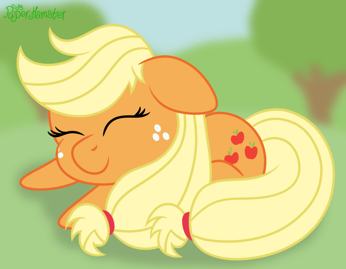 Size: 1133x882 | Tagged: safe, artist:puperhamster, character:applejack, species:earth pony, species:pony, animated, blurred background, cute, eyes closed, female, filly, hatless, jackabetes, missing accessory, onomatopoeia, prone, sleeping, solo, sound effects, zzz