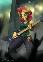 Size: 2480x3508 | Tagged: safe, artist:gabbslines, character:sunset shimmer, species:human, my little pony:equestria girls, clothing, concert, crowd, female, guitar, heavy metal, high res, pants, playing, signature, silhouette, spiked wristband, sunset shredder, wristband