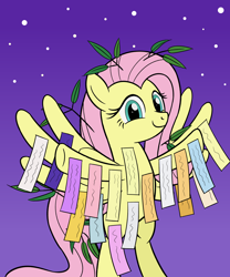 Size: 2000x2400 | Tagged: safe, artist:sazanamibd, character:fluttershy, species:pegasus, species:pony, bamboo, bipedal, costume, female, fluttertree, hooves out, looking at you, mare, night, smiling, solo, spread wings, tanabata, three quarter view, tree costume, wings
