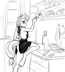 Size: 2568x2851 | Tagged: safe, artist:resurgam_snova, character:applejack, species:anthro, species:earth pony, species:pony, apron, breasts, clothing, cooking, ear fluff, female, fluffy, hooves, housewife, looking at you, maid, monochrome, naked apron, open mouth, sideboob, sketch, solo, wingding eyes