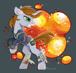 Size: 1435x1376 | Tagged: safe, artist:nancy-05, oc, oc only, oc:littlepip, species:pony, species:unicorn, fallout equestria, bandage, blood, clothing, explosion, fanfic, fanfic art, female, gritted teeth, gun, handgun, hooves, horn, injured, little macintosh, mare, optical sight, pipbuck, pixel art, rearing, revolver, scope, solo, vault suit, weapon