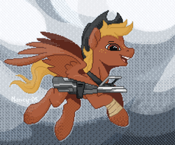 Size: 2380x1969 | Tagged: safe, artist:nancy-05, oc, oc only, oc:calamity, species:pegasus, species:pony, fallout equestria, bandage, battle saddle, clothing, cowboy hat, dashite, fanfic, fanfic art, flying, freckles, gun, hat, hooves, male, open mouth, pixel art, rifle, smiling, solo, spread wings, stallion, weapon, wings