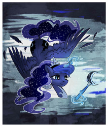 Size: 918x1080 | Tagged: safe, artist:nancy-05, character:princess luna, species:alicorn, species:pony, both cutie marks, female, flying, magic, mare, solo, telekinesis, wand