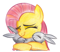 Size: 2804x2430 | Tagged: safe, artist:flutterstormreturns, character:fluttershy, species:pegasus, species:pony, species:rabbit, spoiler:interseason shorts, animal, cute, eyes closed, female, hug, mare, shyabetes, simple background, teacher of the month (episode), traditional art, white background