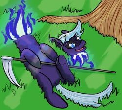 Size: 1600x1444 | Tagged: safe, artist:lizardwithhat, oc, oc only, species:pony, newbie artist training grounds, atg 2019, disembodied head, dullahan, fire, headless, magic, modular, ponified, scythe, solo