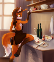 Size: 2253x2582 | Tagged: safe, artist:resurgam_snova, oc, oc only, oc:julia aries, species:anthro, species:fox, species:pony, species:unguligrade anthro, species:unicorn, anthro oc, apron, breasts, clothing, cooking, ear fluff, female, fluffy, fox pony, hooves, housewife, looking at you, maid, naked apron, open mouth, original species, sideboob, solo, wingding eyes