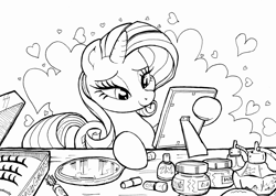 Size: 1662x1182 | Tagged: safe, artist:yewdee, character:rarity, species:pony, species:unicorn, newbie artist training grounds, atg 2019, female, heart, lineart, makeup, mirror, monochrome, solo